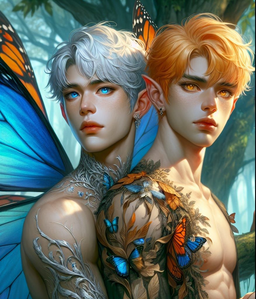 Fairy Couple with Butterfly Wings on Tree Branch
