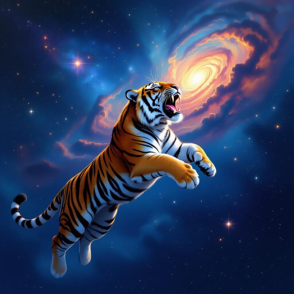 Tiger Leaps at Cosmic Nebula Sky in Fantasy Art Style