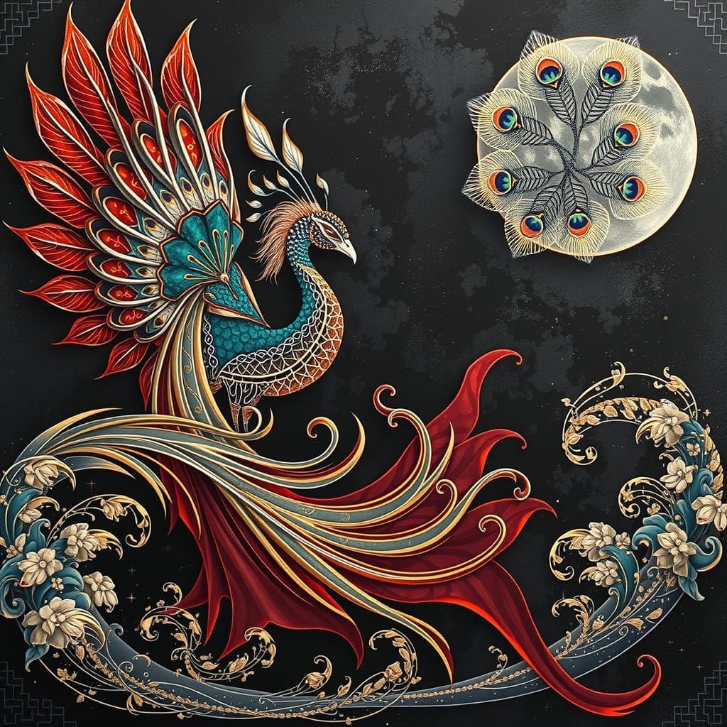 Mystical Peacock Dragon Hybrid in a Kimono, Against a Dark O...