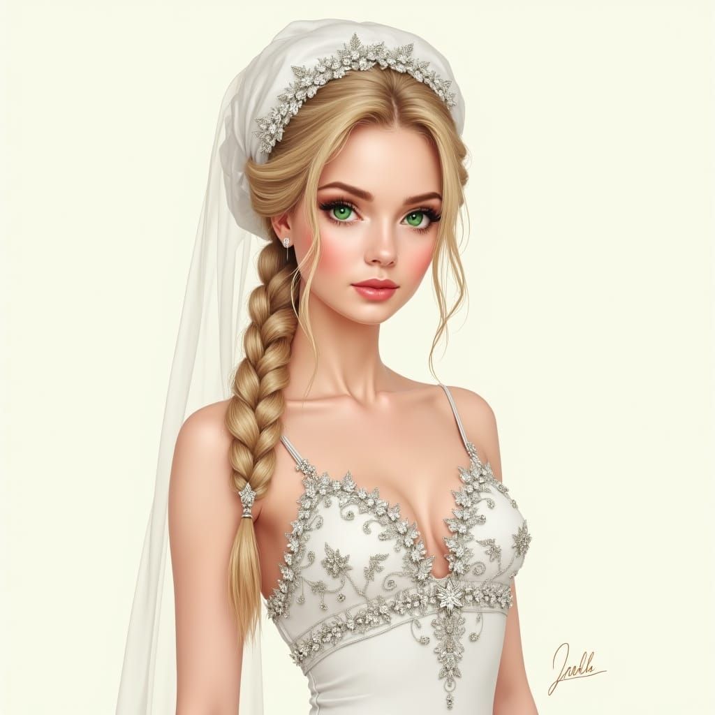 a woman, wheat hair gathered in a braid, a white elegant Rus...