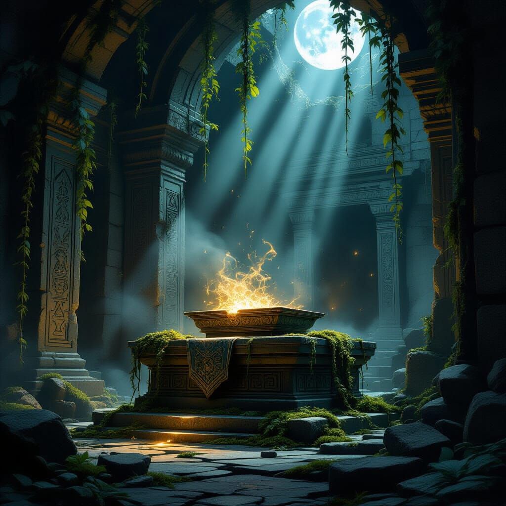 Ancient Artifact in Moonlit Temple Ruins
