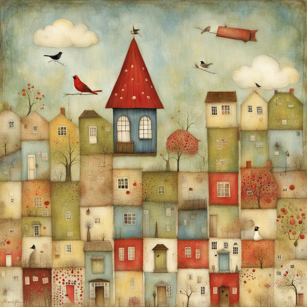 Charming Folk Art Illustration in Engelbreit Style