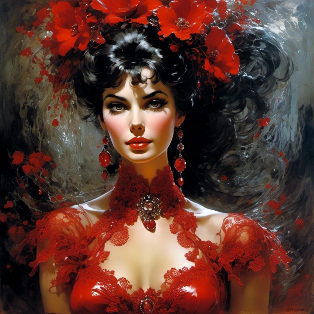 Elegant French Woman in Red Lace Lingerie