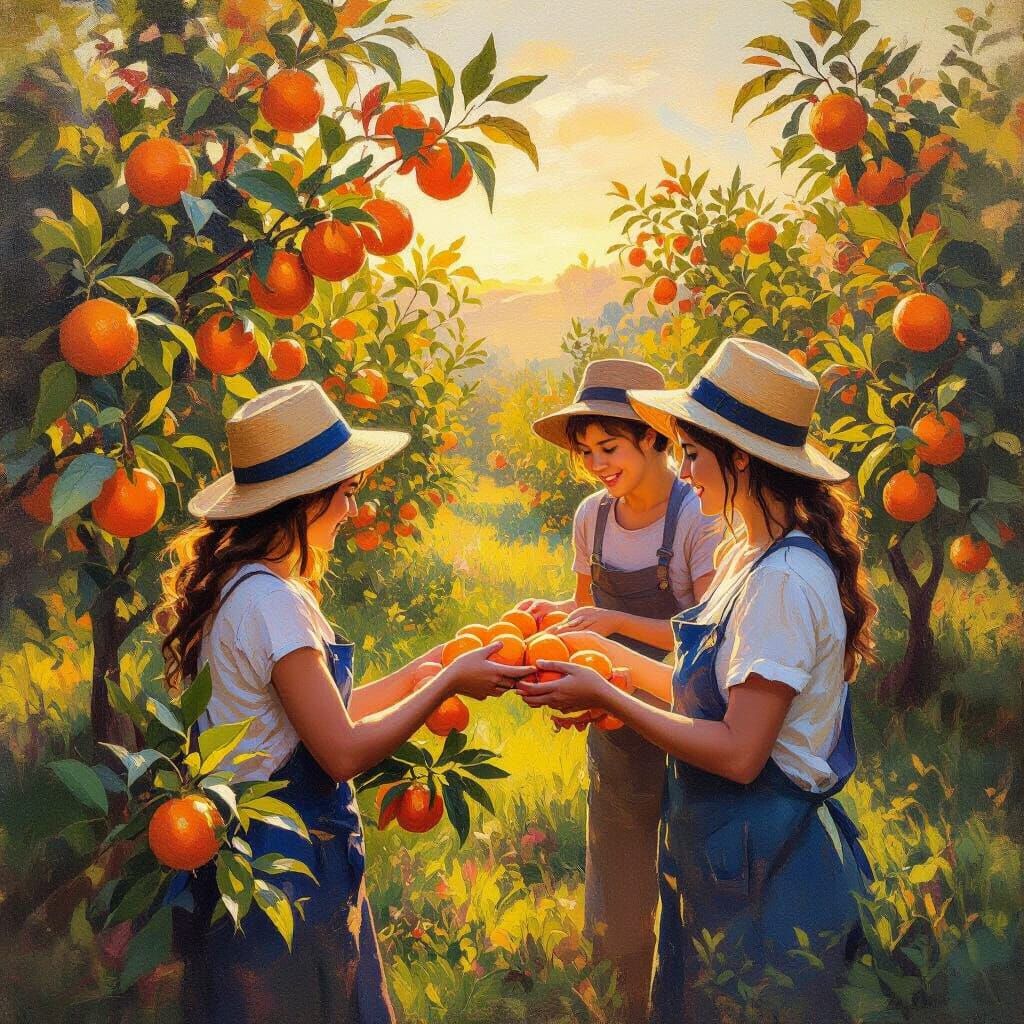 Vibrant Oil Painting of Orchard Harvest at Sunrise