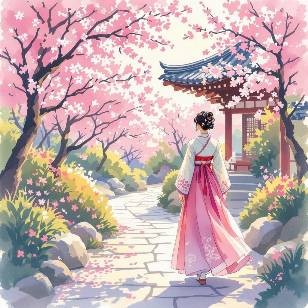 Woman in Hanbok in Spring Cherry Garden