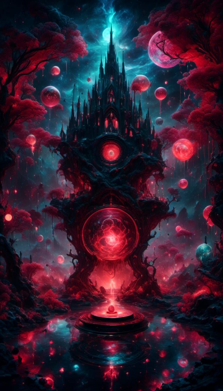 Red and Black Cosmic Landscape with Magic Vortexes