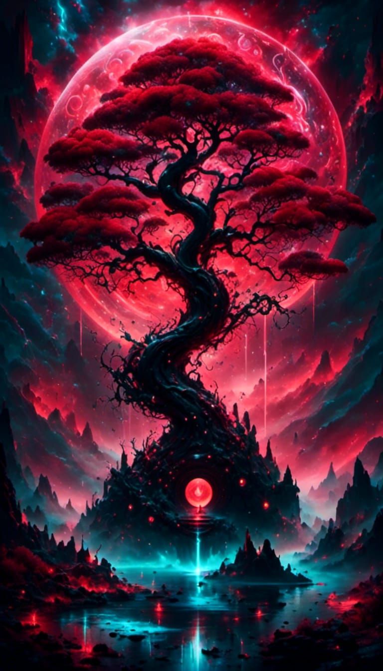 Red and Black Cosmic Landscape with Magic
