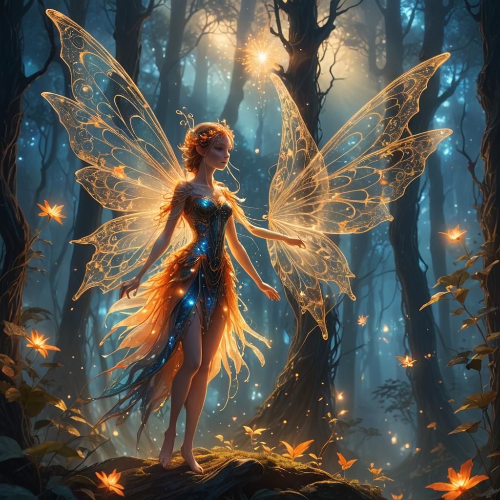 Luminous Fairy Hovering in Forest, Art Nouveau Style