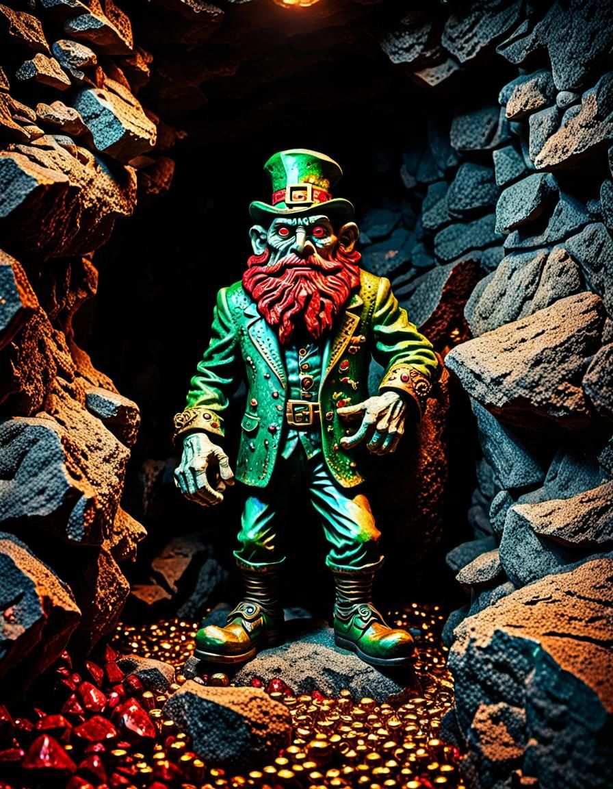 Creepy Leprechaun Stone Sculpture in a Dark Cave