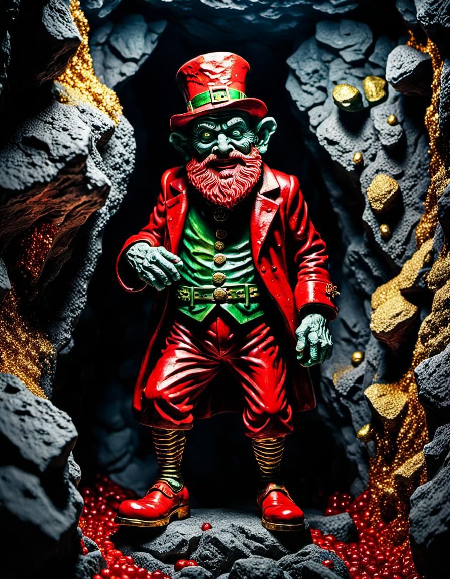 Surreal Leprechaun Encased in Dark Cave Treasure