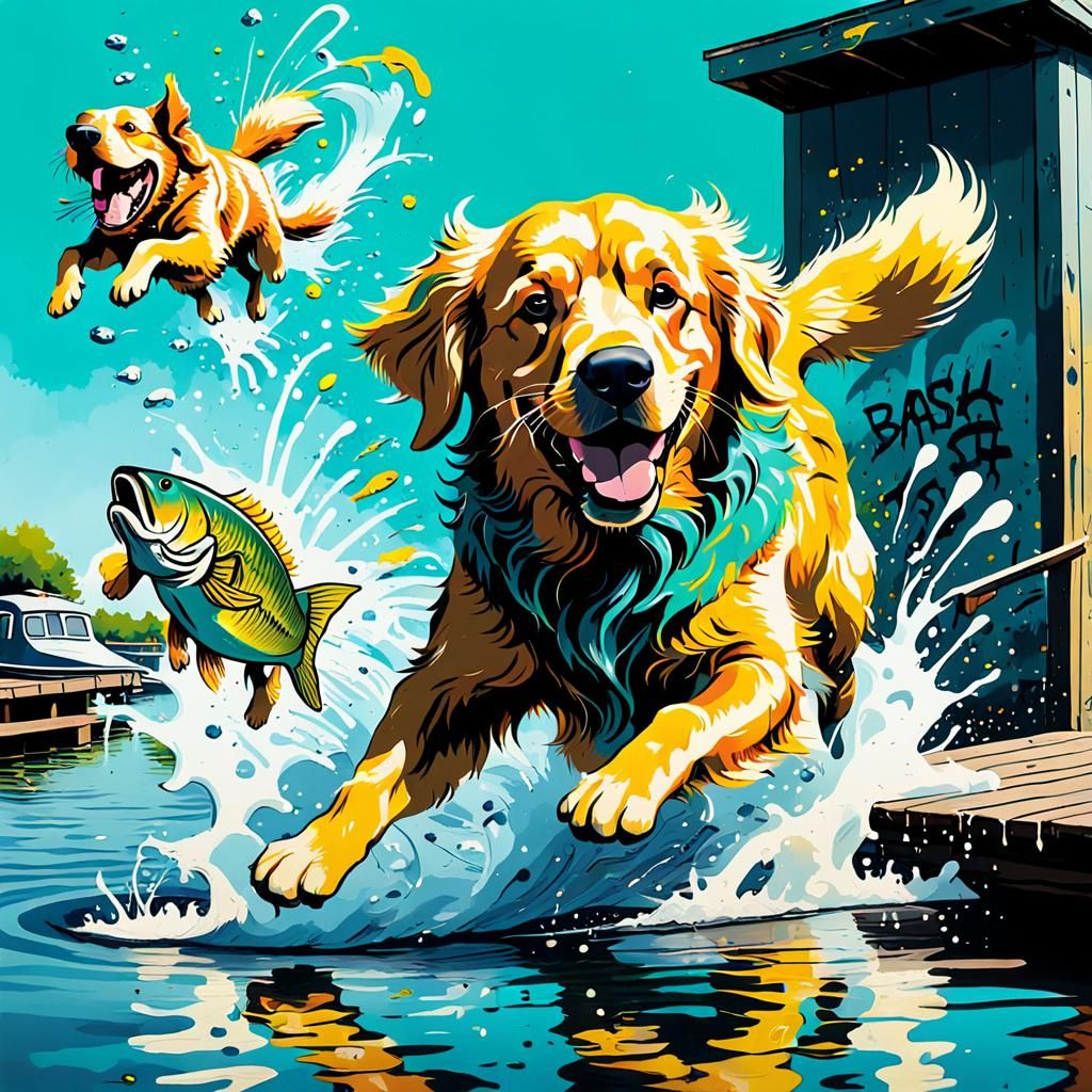 Golden Retriever Fish Catch in Vibrant Street Art