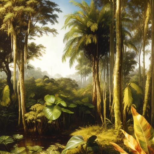 Lush Rainforest Oil Painting with Moss and Dew