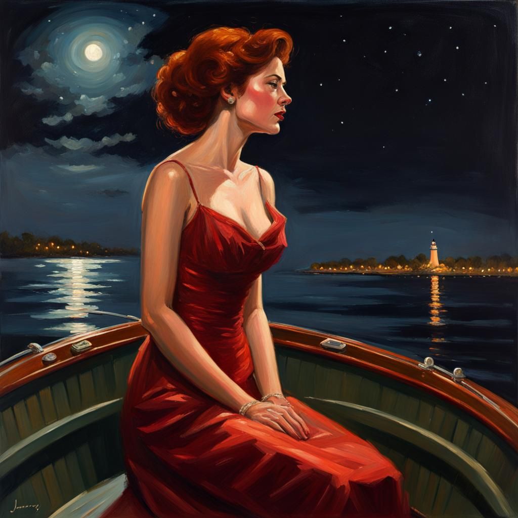 Elegant Woman on Boat Under Night Sky