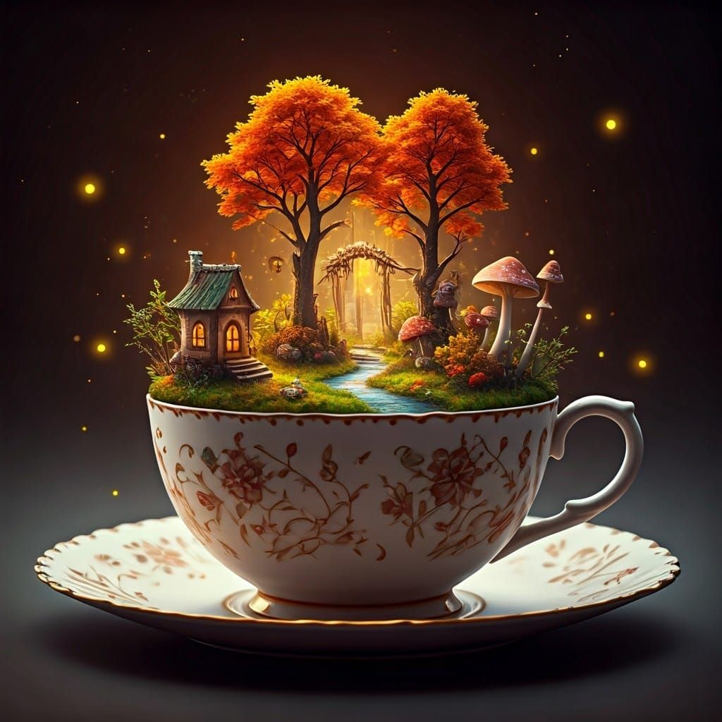 Miniature Autumn Fantasy World in Teacup