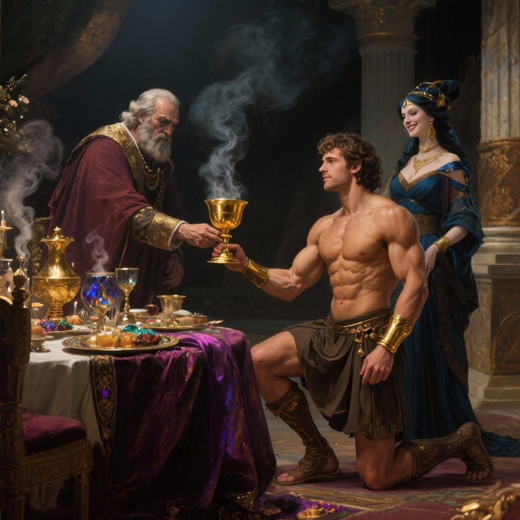 Ancient Greek Hero Theseus Receives Cup From King Aegeus