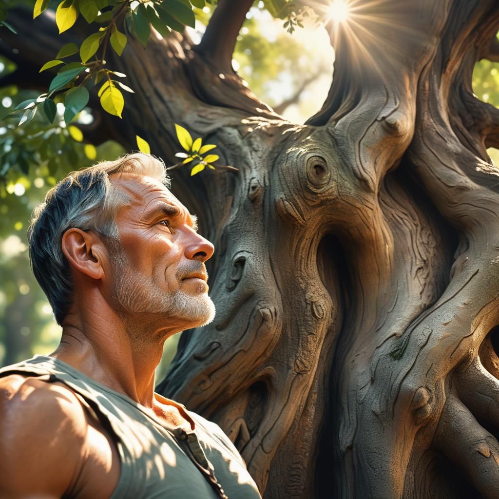 Sun-Drenched Portrait of Man Resting by Tree
