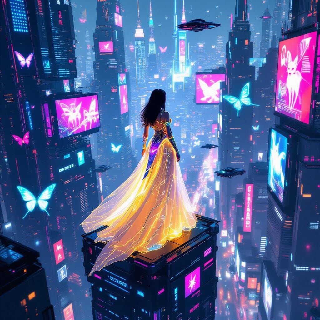 Woman in Cyberpunk Gown on Floating Skyscraper
