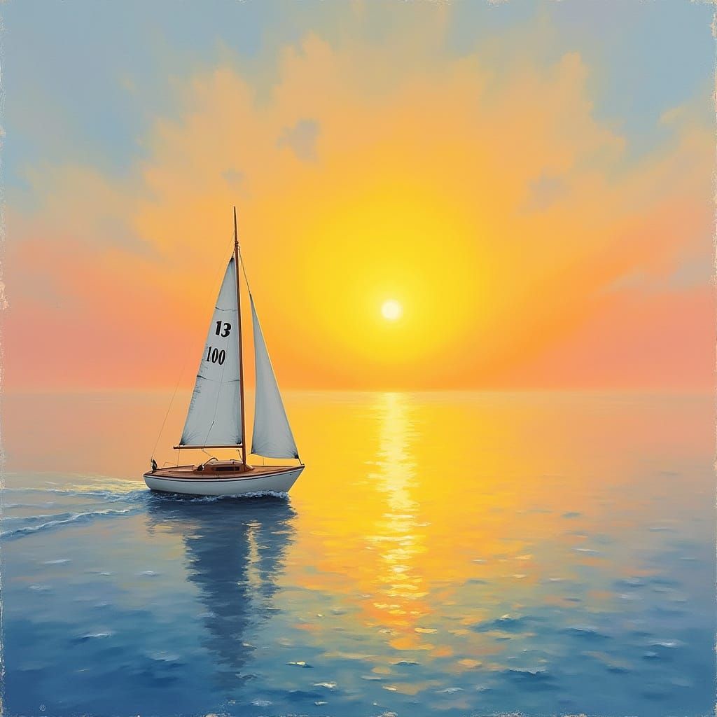 Serene Sunrise Over Calm Sea with Sailboat, Impressionistic ...
