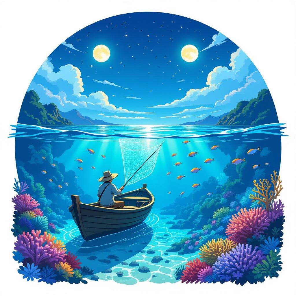 Fisherman Casting Net in Bioluminescent Coral Reef