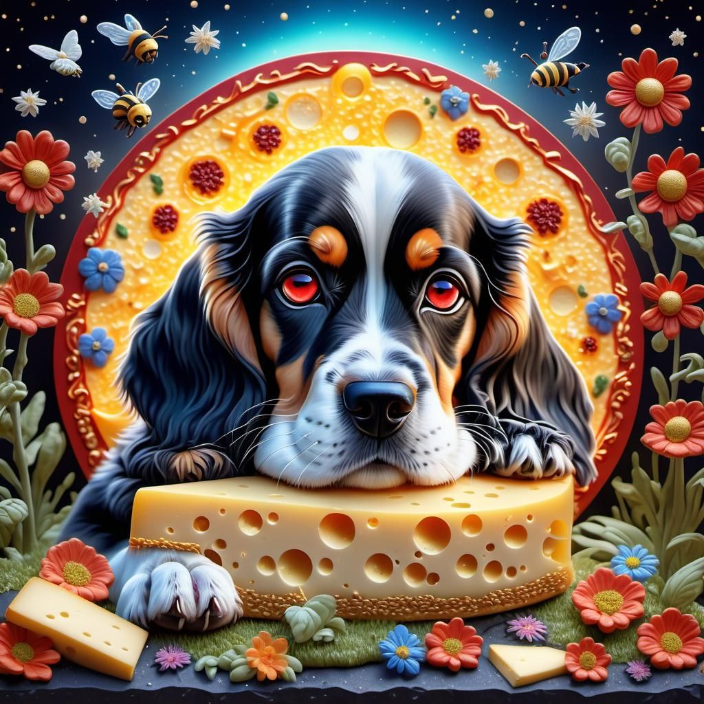Hyperrealistic Cocker Spaniel Sleeping on Cheese Moon