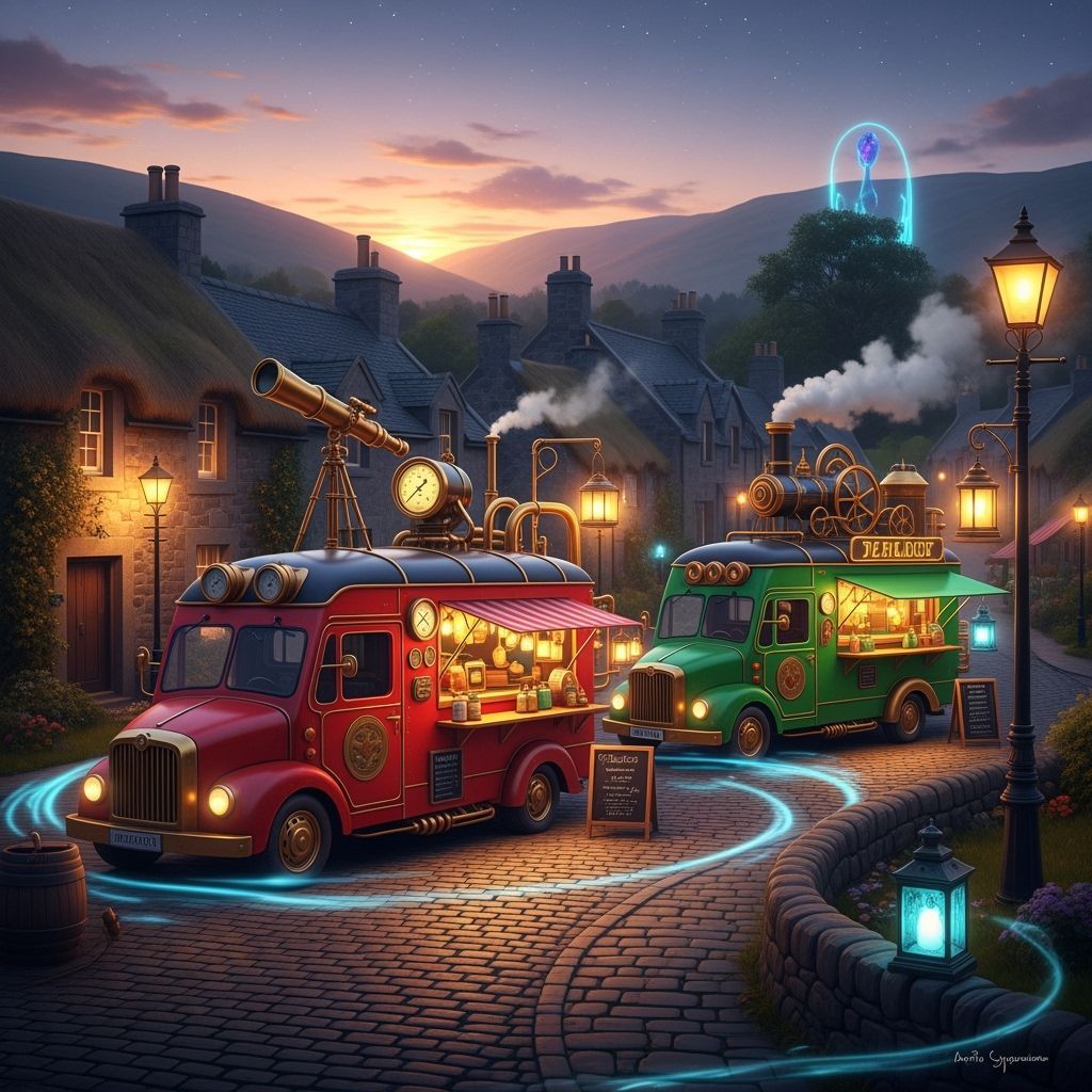 Steampunk Food Trucks in a Surreal Scottish Village