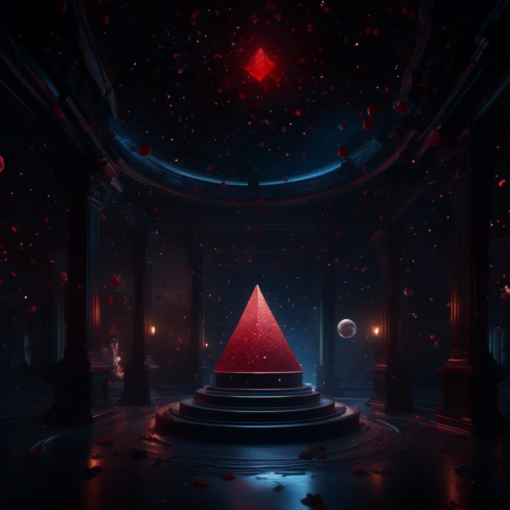 Starry Dark Room with Ruby Pyramid