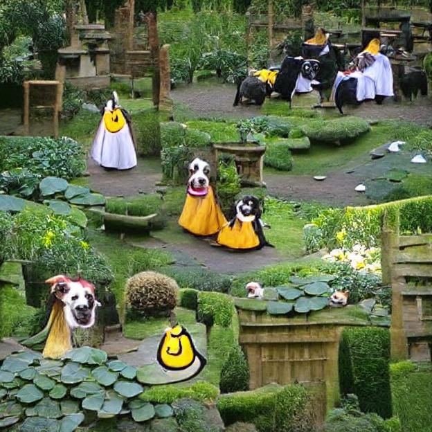 Dogs Wearing Gowns in a Garden