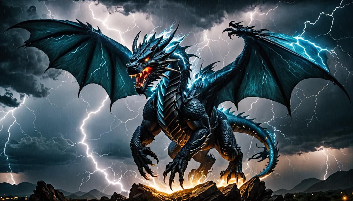 Majestic Black-Azure Lightning Dragon in Extreme Storm