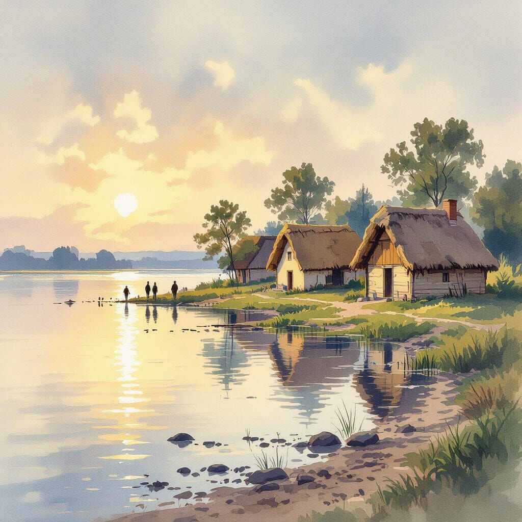 Serene Landscape with Huts and Figures in Golden Hour Light
