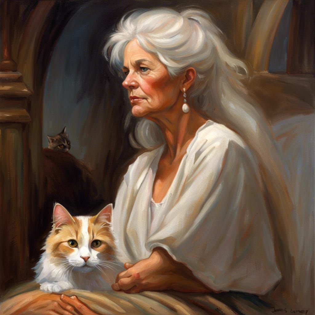 Calico Cat Watches Over Owner as Oil Painting