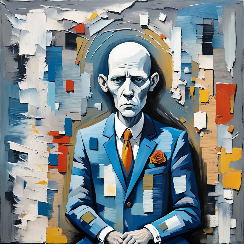 Melancholic Man in Suit with Impasto and Collage