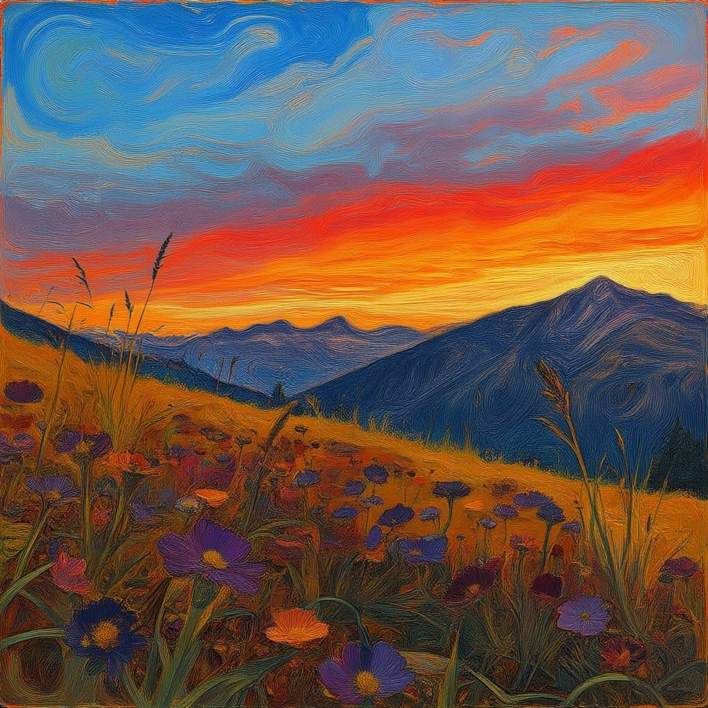 Vibrant Fall Meadow at Dusk with Snow-Capped Mountains