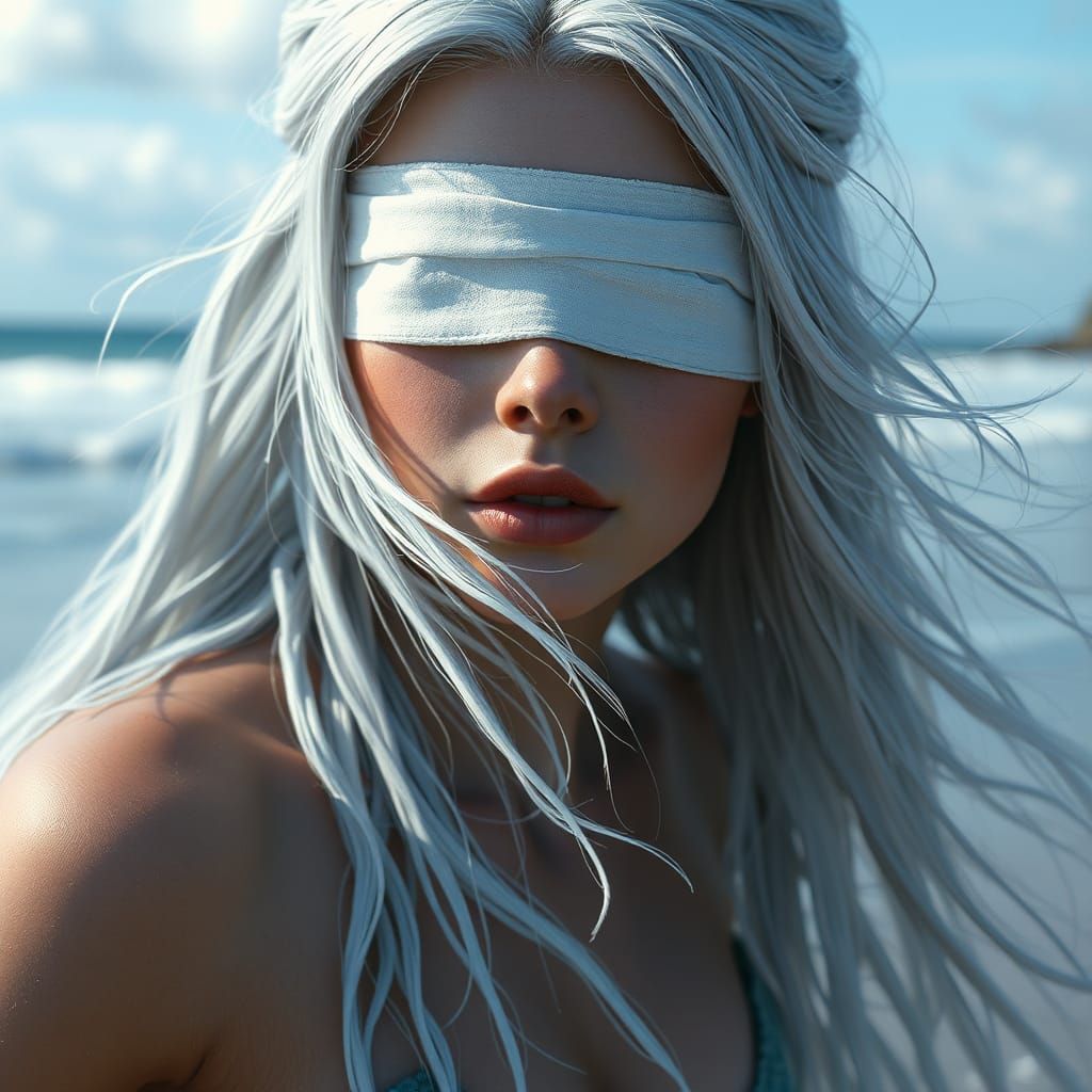 Siren with Silver Hair on the Beach