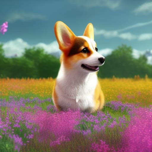 Cute Corgi Puppy in a Fantastical Flower Field