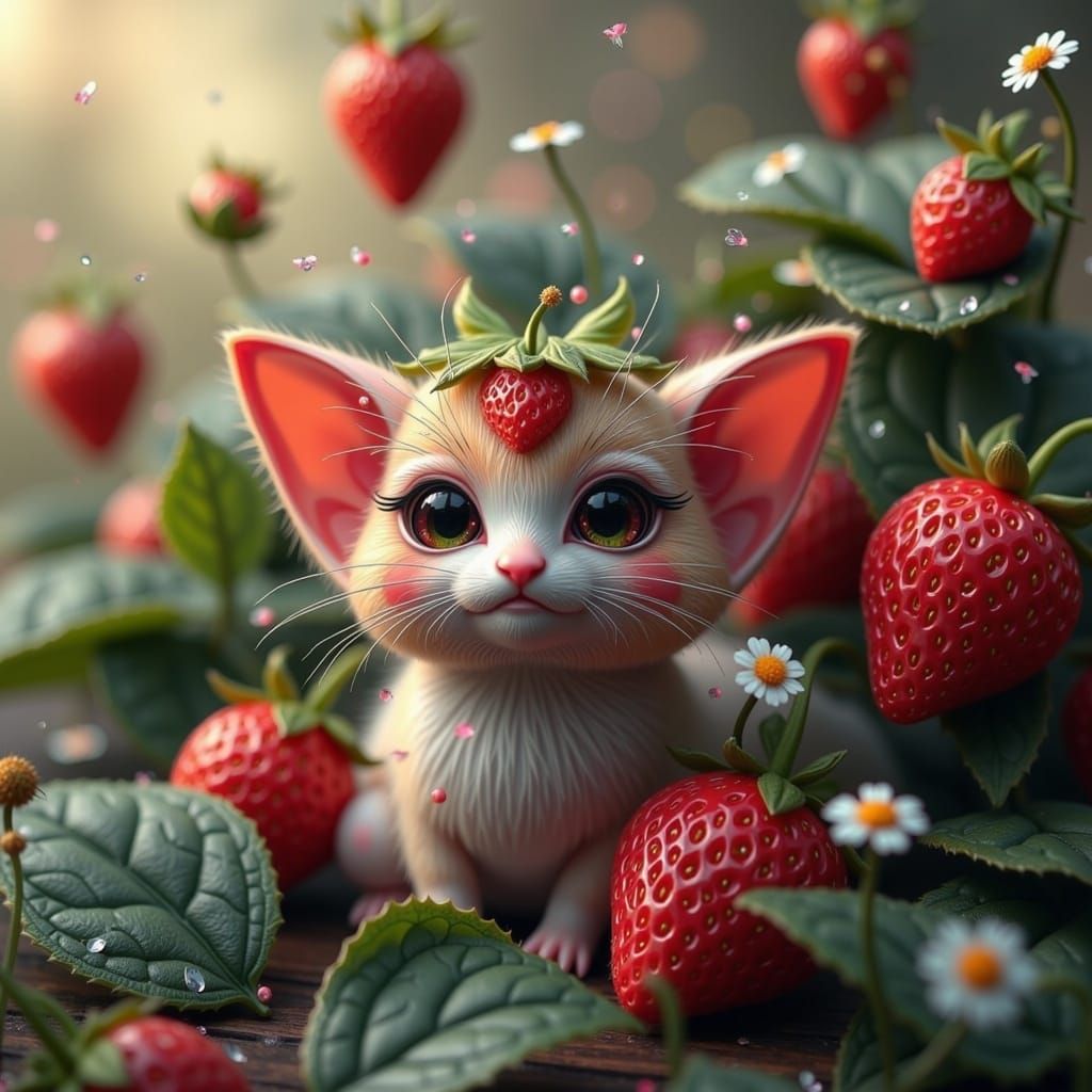 Whimsical Strawberry-Kitten Fae in Hyperrealistic Detail