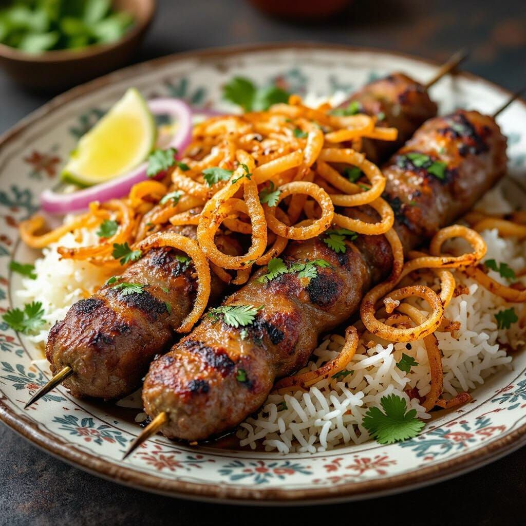 Succulent Sheek Kebab with Crispy Fried Onions