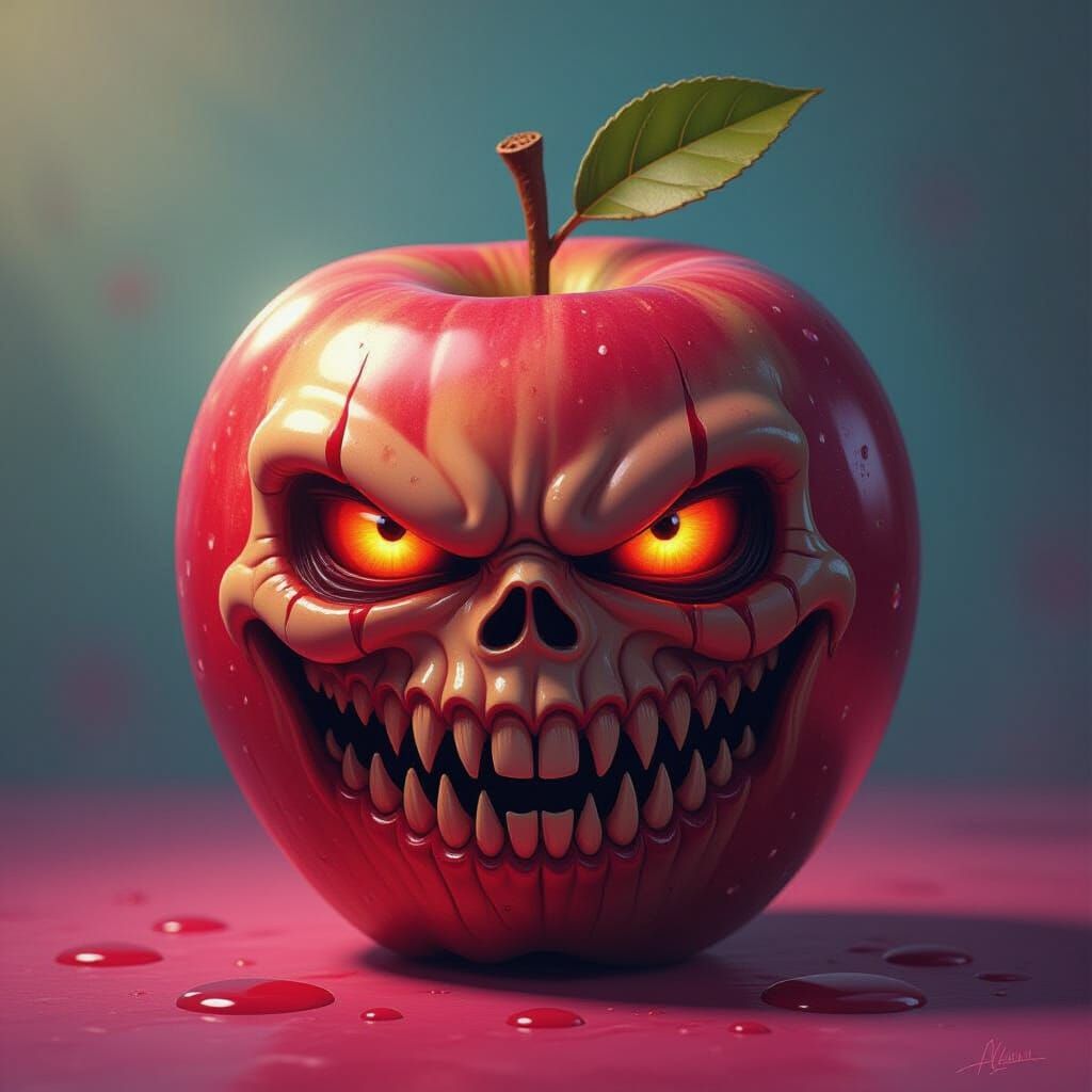 Hyperrealistic Apple with Menacing Face, Detailed Concept Ar...
