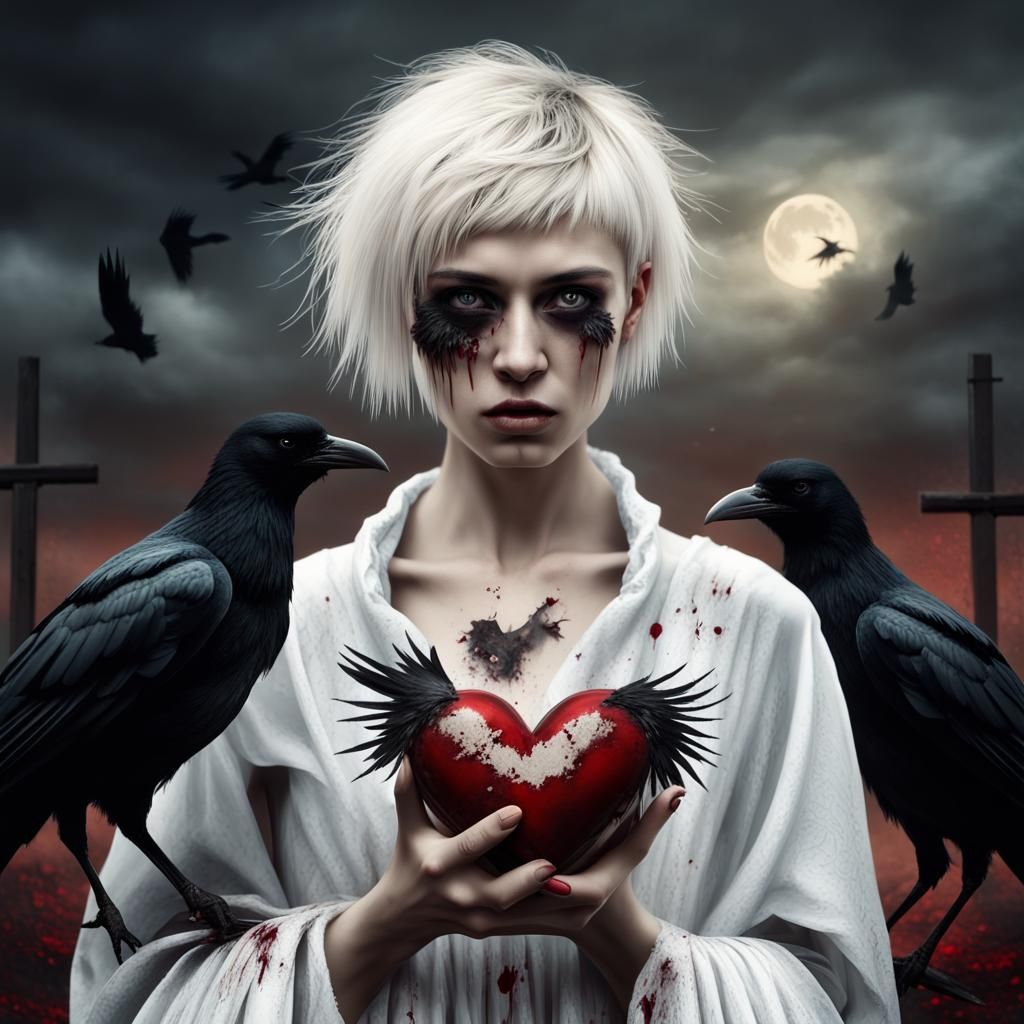 Haunting Punk Woman with Crows and Heart
