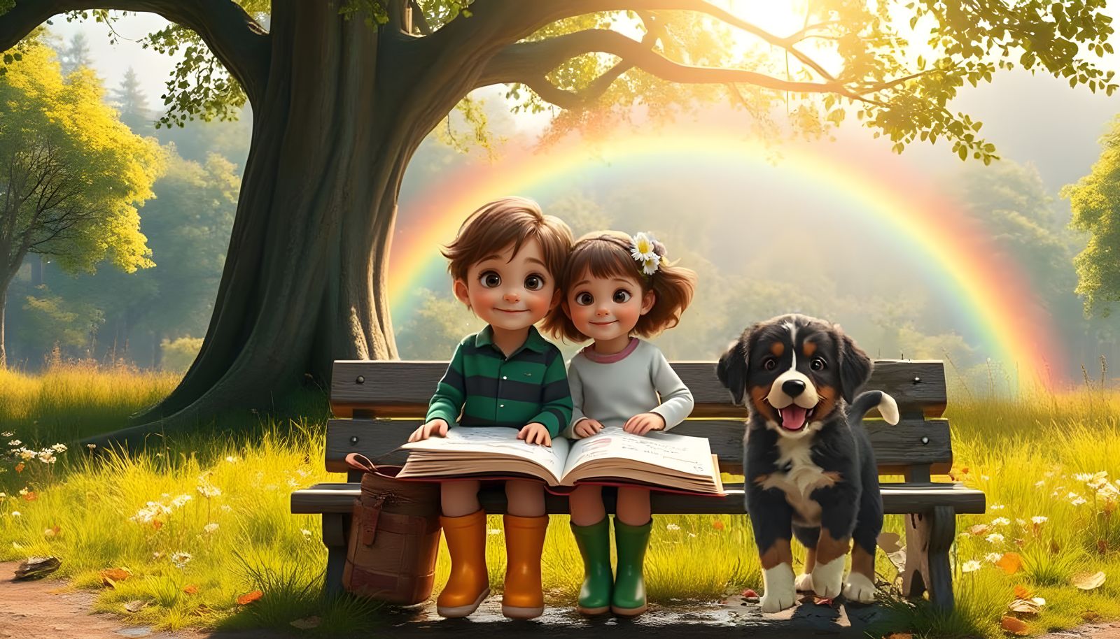 Boy and Sister with Puppy in Magical Forest