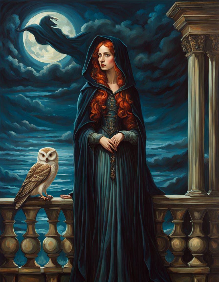 Gothic Ghost in Decaying Mansion, Pre-Raphaelite Painting