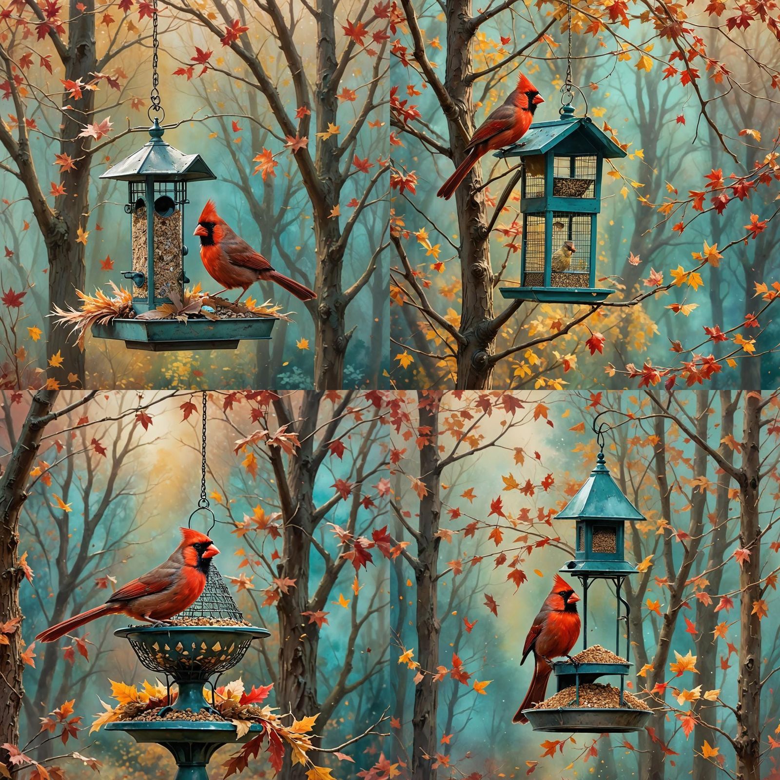 Cardinal Lands on Feeder: Whimsical Watercolor Autumn Scene