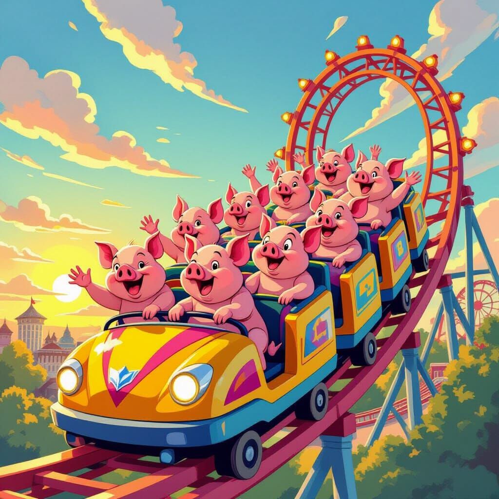 Pigs Enjoying a Roller Coaster Ride in Cartoon Style