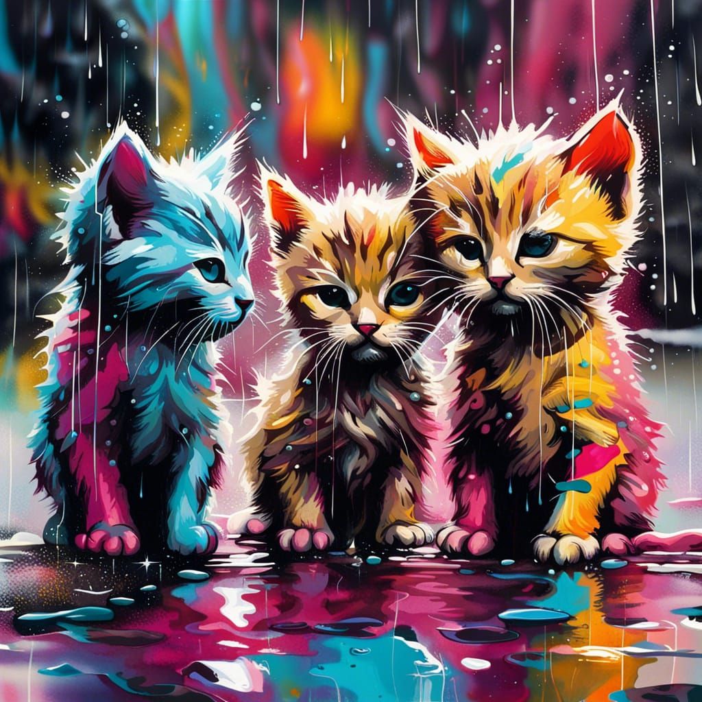 Colorful Kittens in Rainy Graffiti Street Art