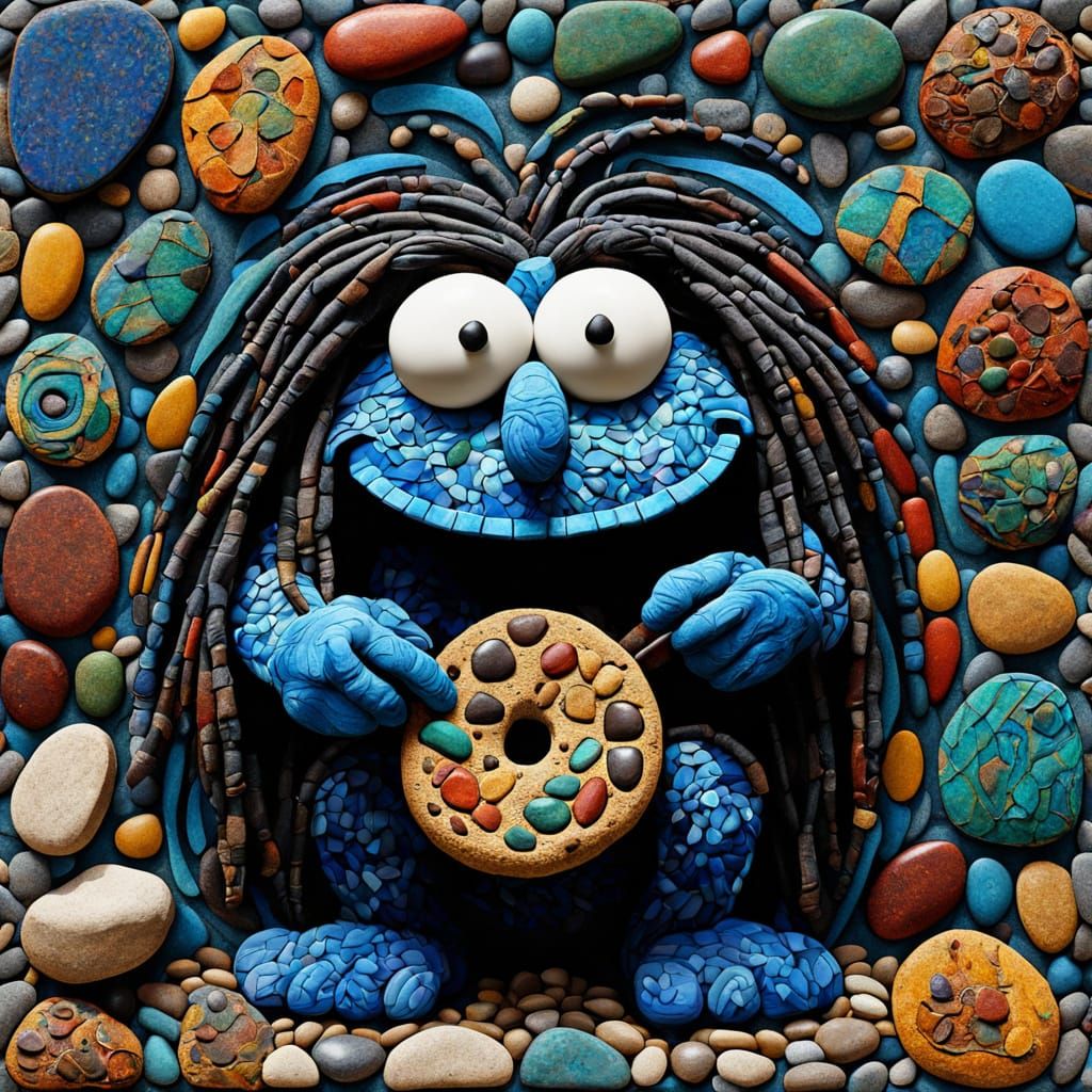 Whimsical Rasta Cookie Monster Eats Cookie in Folk Art Style