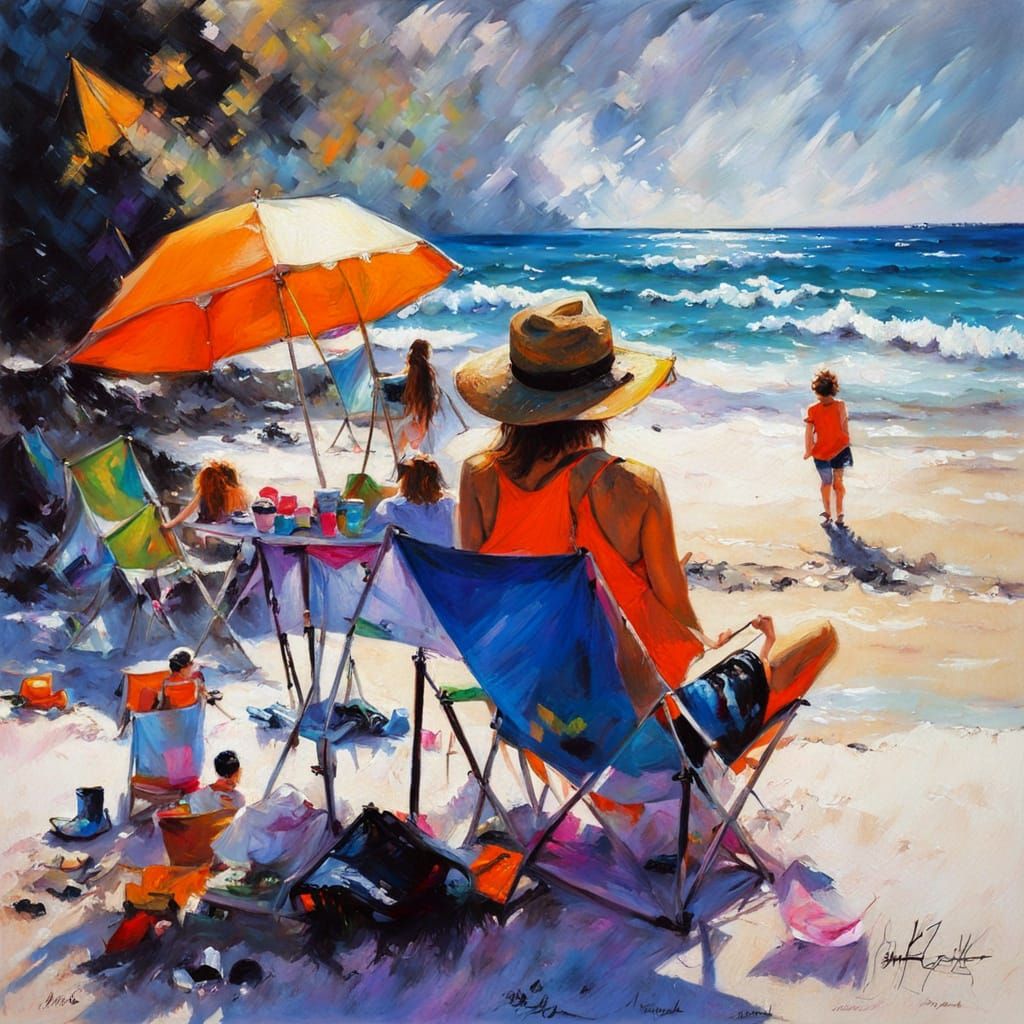 Vibrant Beach Scene in Neon Colors