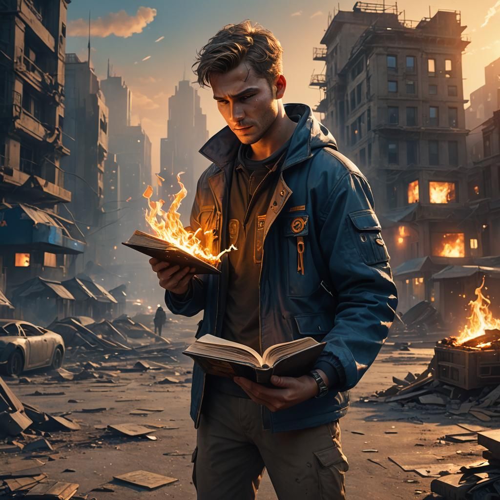Burning Book in Dystopian Cityscape: Futuristic Concept Art