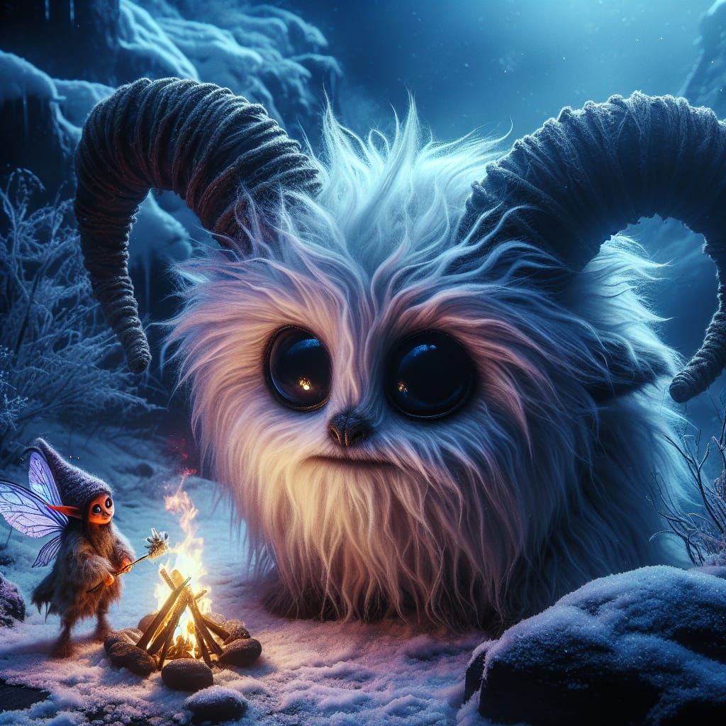 Fluffy Horned Creature and Elf by Campfire