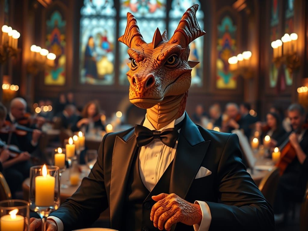 Dragon in Formal Attire at Elegant Dinner Party
