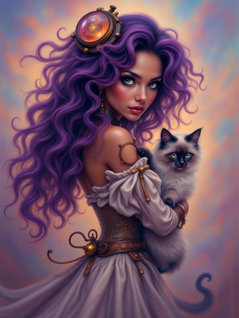 Steampunk Woman With Siamese Cat in Foggy Landscape