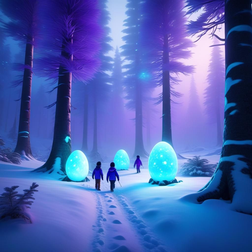 Bioluminescent Forest Search: Inuit Children and Husky